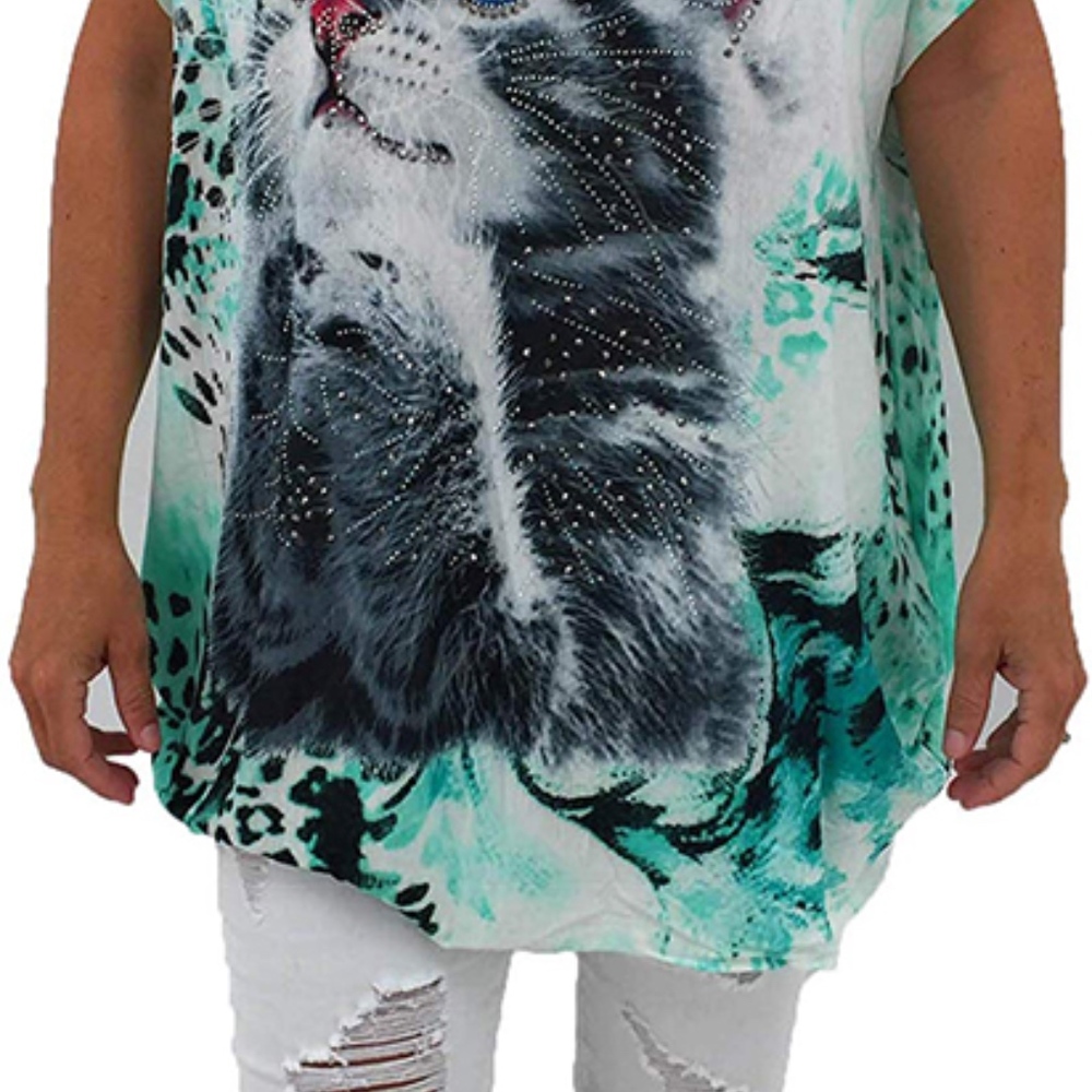 4/$25 Funny Cat T-Shirt Green Kitty Tunic Top Shirt O/S - Picture 6 of 7